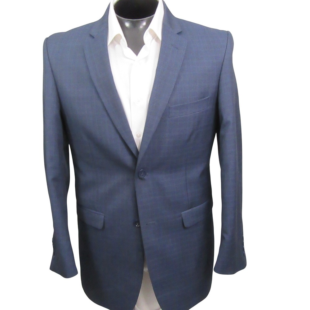 Stacy Adams Mens Sport Coat 40R‎ Slim Blue Glen Plaid Blazer Double Vent Modern